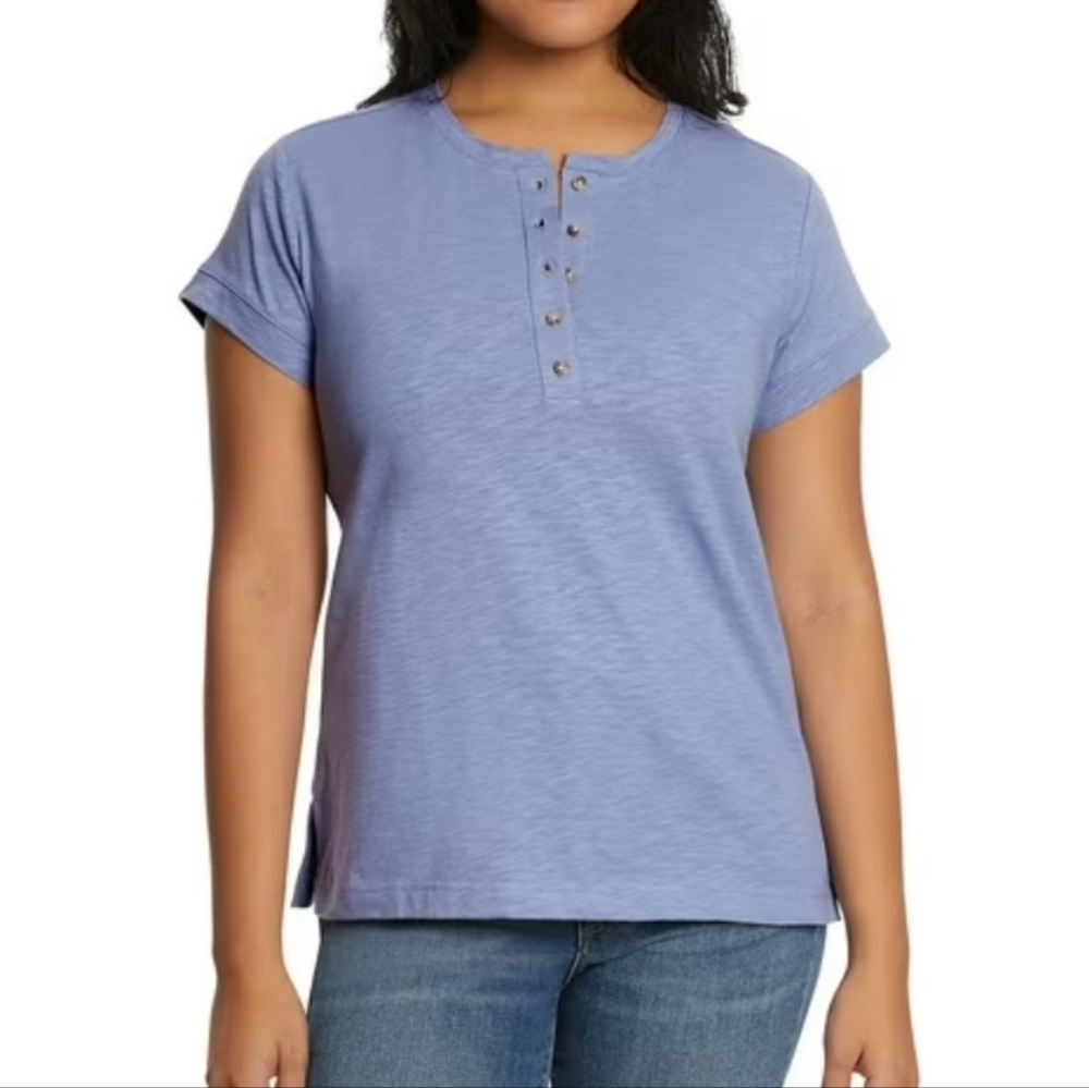 Nine West Short Sleeve Slub Henley Top Stonewash Blue M